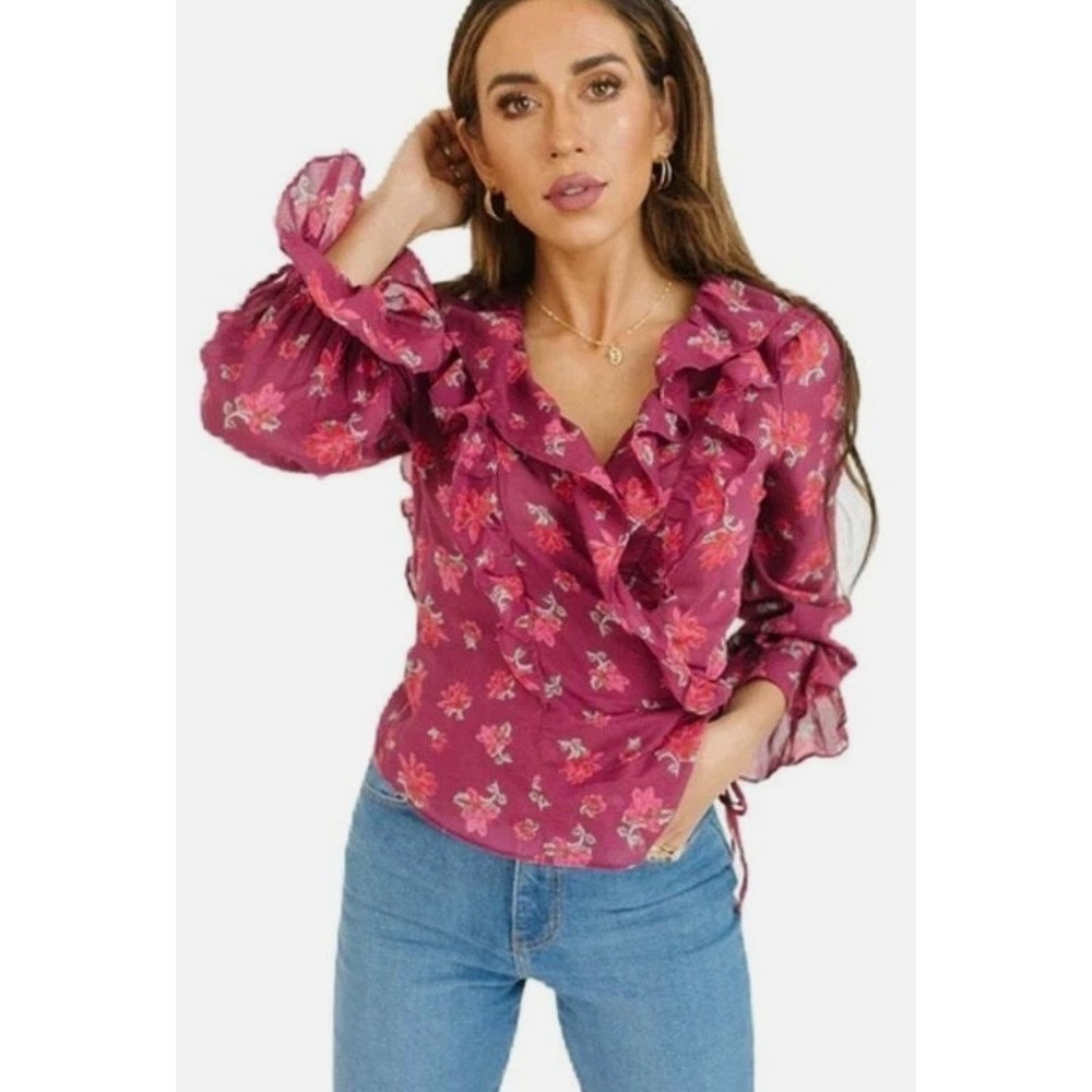 Free People Amanda Ruffle Long‎ Sleeve Wrap Blouse Burgundy Floral Size Med NWT